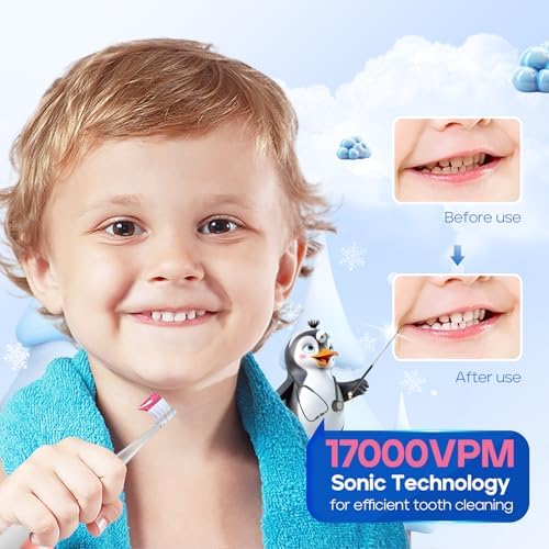 SEAGO Toddler Electric Toothbrushes for Baby Ages 0-3 Years, Baby Toothbrush with Smart Timer and Suction Base, 4 Replacement Brush Heads SG-513(Pink-C)
