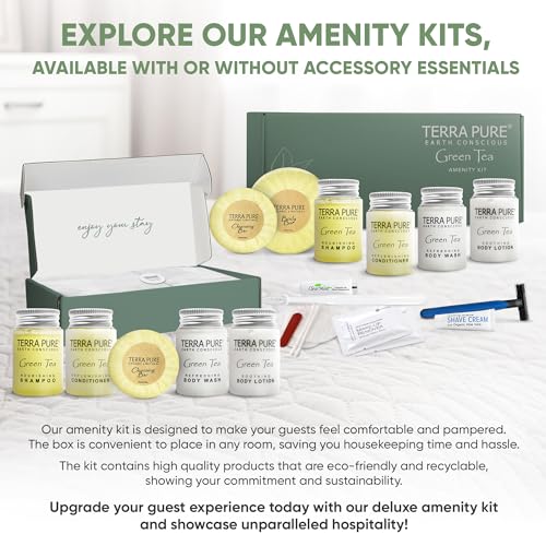 Terra Pure Green Tea Amenity & Accessory Kit | 1 oz Travel Size Shampoo, Conditioner, Lotion, Body Wash, 2 Soap Bars, Shave & Dental Sets, Make-Up Remover Wipes, & Vanity Kit | 60 sets per case