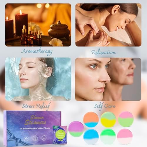 28 Pack Aromatherapy Shower Steamers, Individually Wrapped 7 Scents Bath Bombs,Natural Essential Oil Home SPA Self Care Stress Relief, Perfect Gifts for Her on Birthday Mother's Day Gift Set