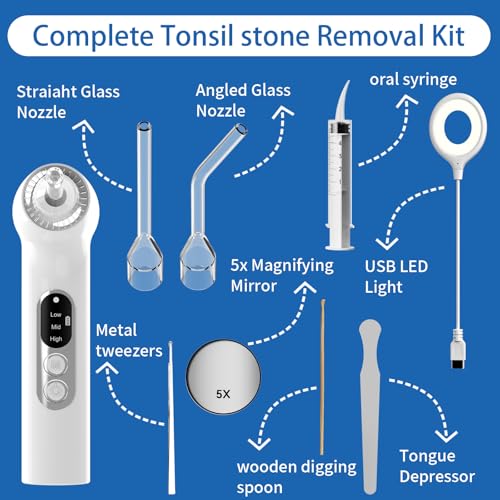 Upgraded Electronic Tonsil Stone Remover，10 in 1 Tonsil Stone Removal Kit，Tonsil Stone Vacuum with Built-in Blue Light，Easy to Use, Fight Bad Breath, Instant Suction