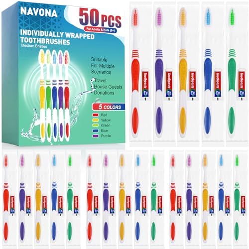 Navona 50 PCS Disposable Toothbrush with Toothpaste Bulk, Travel Toothpaste, Bulk Toothpastes, Individually Wrapped Bulk Toothbrush, Ergonomics Handle,Medium Soft Bristle, Perfect for Travel, Hotel