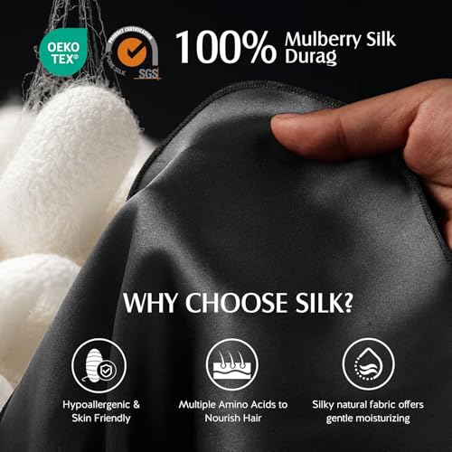 YFONG 2 Pack 100% 22 Momme Mulberry Silk Durags for Men Women, Extra Long Strap Silky Durag, Breathable and Soft Du Rag for 360 Waves, Pure Silk Durag for Hair Care and Stylish Outfits, Black+White