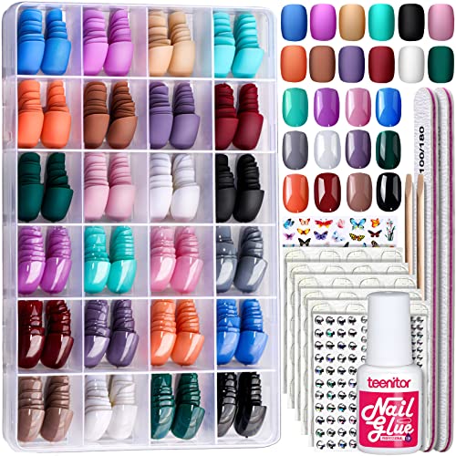 Teenitor 24Pack Short Press On Nails, 576Pcs Round Press On Nails, Matte and Glossy Short Fake Nails With Glue