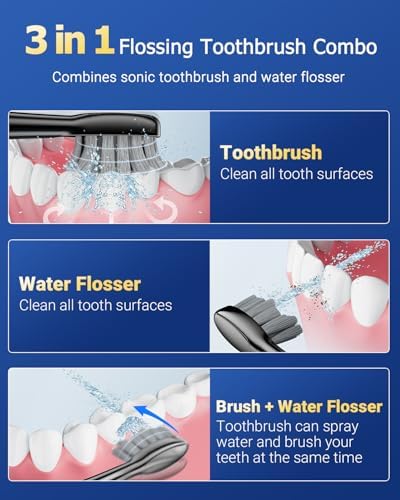 Electric Toothbrush with Water Flosser Combo, Professional Flossing Toothbrush for Teeth Cleaning and Flossing, 3 Modes & 5 Floss Speed, Rechargeable Toothbrush for Adults