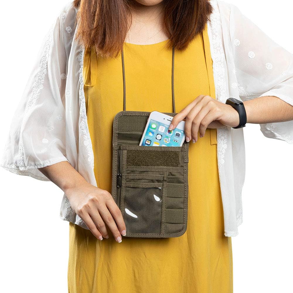 EXCELLENT ELITE SPANKER Passport Holder Nylon Neck Pouch RFID Blocking Travel Neck Wallet ID Card Organizer Pouch with Neck Lanyard(Ranger Green)