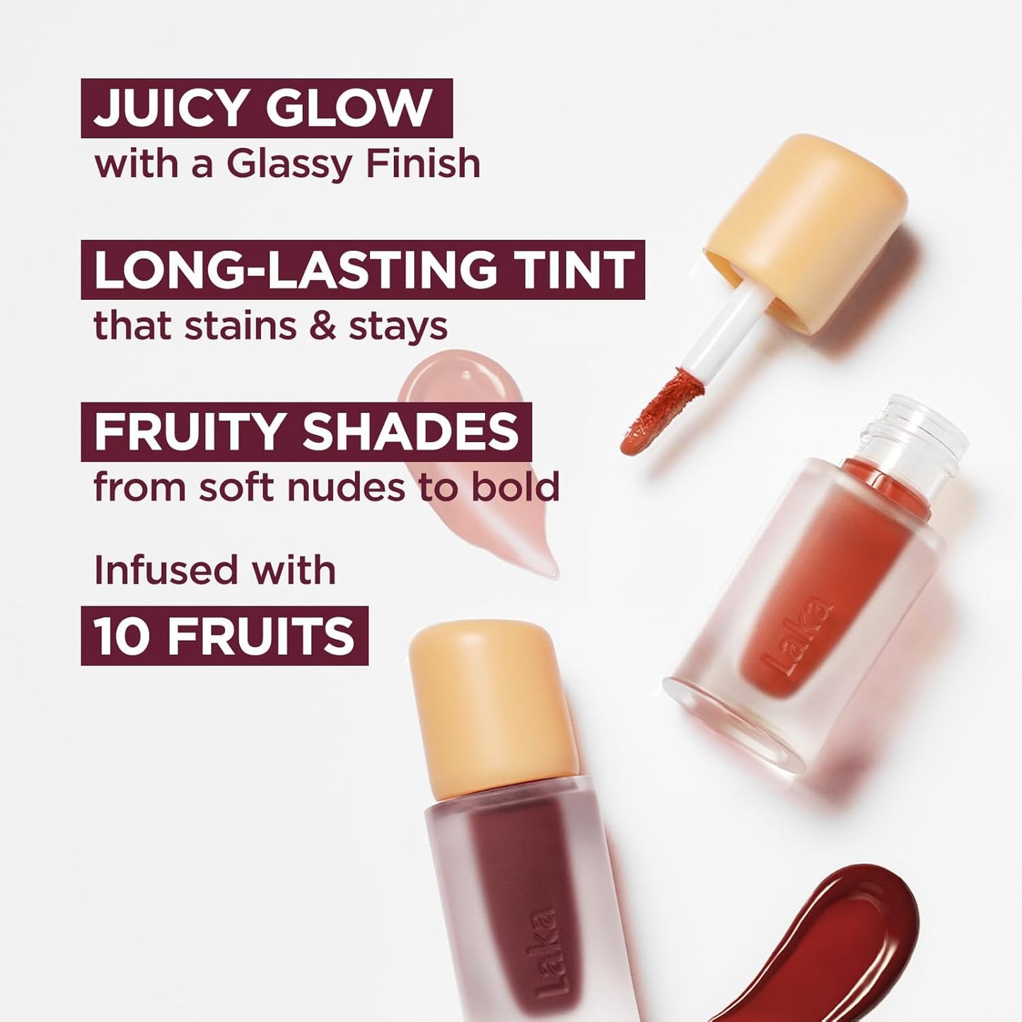 Laka Fruity Glam Lip Tint Mini, Glowing Lip Stain with Wide Color Spectrum, Hydrating & Lightweight Texture, Long-Lasting Bold Stain, Non-Sticky, Vegan, K-Beauty (#121 Ash Nut)