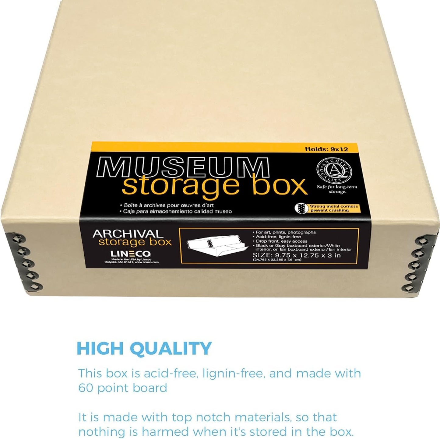 Lineco Museum Archival Storage Box, 9.75x12.75x3 in. Drop Front Design. Acid-Free with Metal Edge. Organize Photos, Pictures, Prints, Documents, Crafts, DIY. Tan, 1 Pack