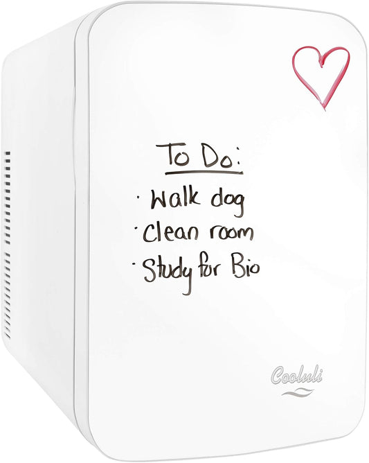 Cooluli Vibe Mini Fridge for Bedroom - With Cool Front Magnetic Whiteboard - 15L Portable Small Refrigerator for Travel, Car & Office Desk - Plug In Cooler & Warmer for Food, Drinks & Skincare (White)