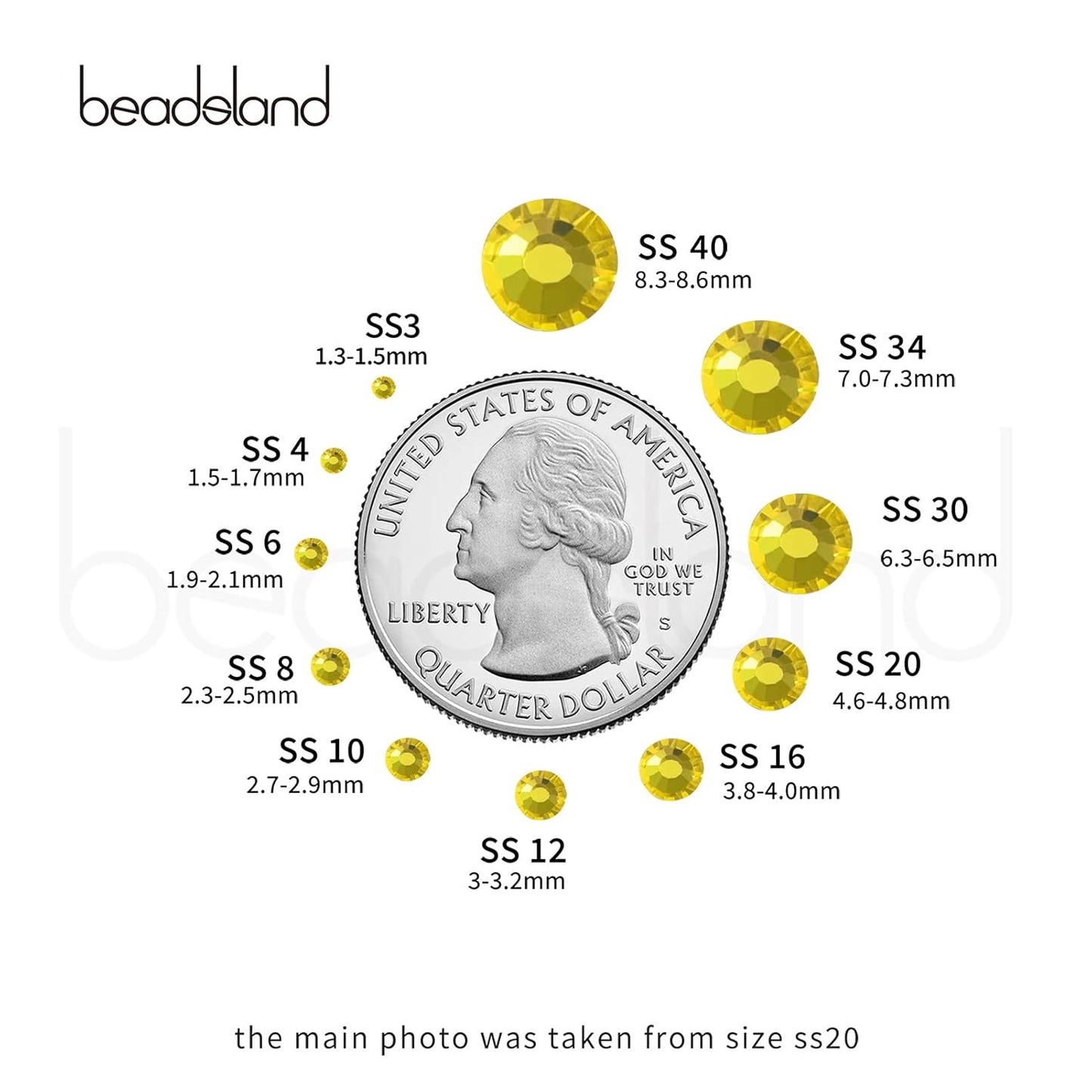 Beadsland 144pcs Flat Back Crystal Rhinestones Round Gems for Nail Art and Craft Glue Fix, Lemon Yellow, SS40, 8.4-8.7mm