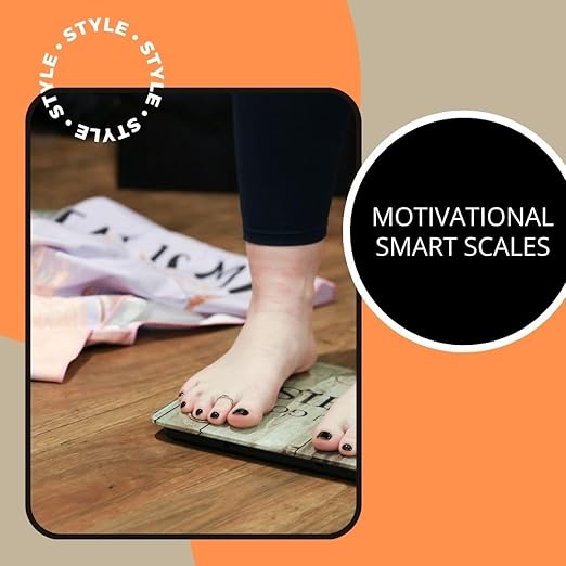 Smart Digital Scale - Motivational Modern Design, Weight Scale, Body Fat Monitor, 12 Key Composition, iOS Android APP, Auto Recognition, BMI, BMR, Bluetooth Smart Bathroom Scale. (Wood)
