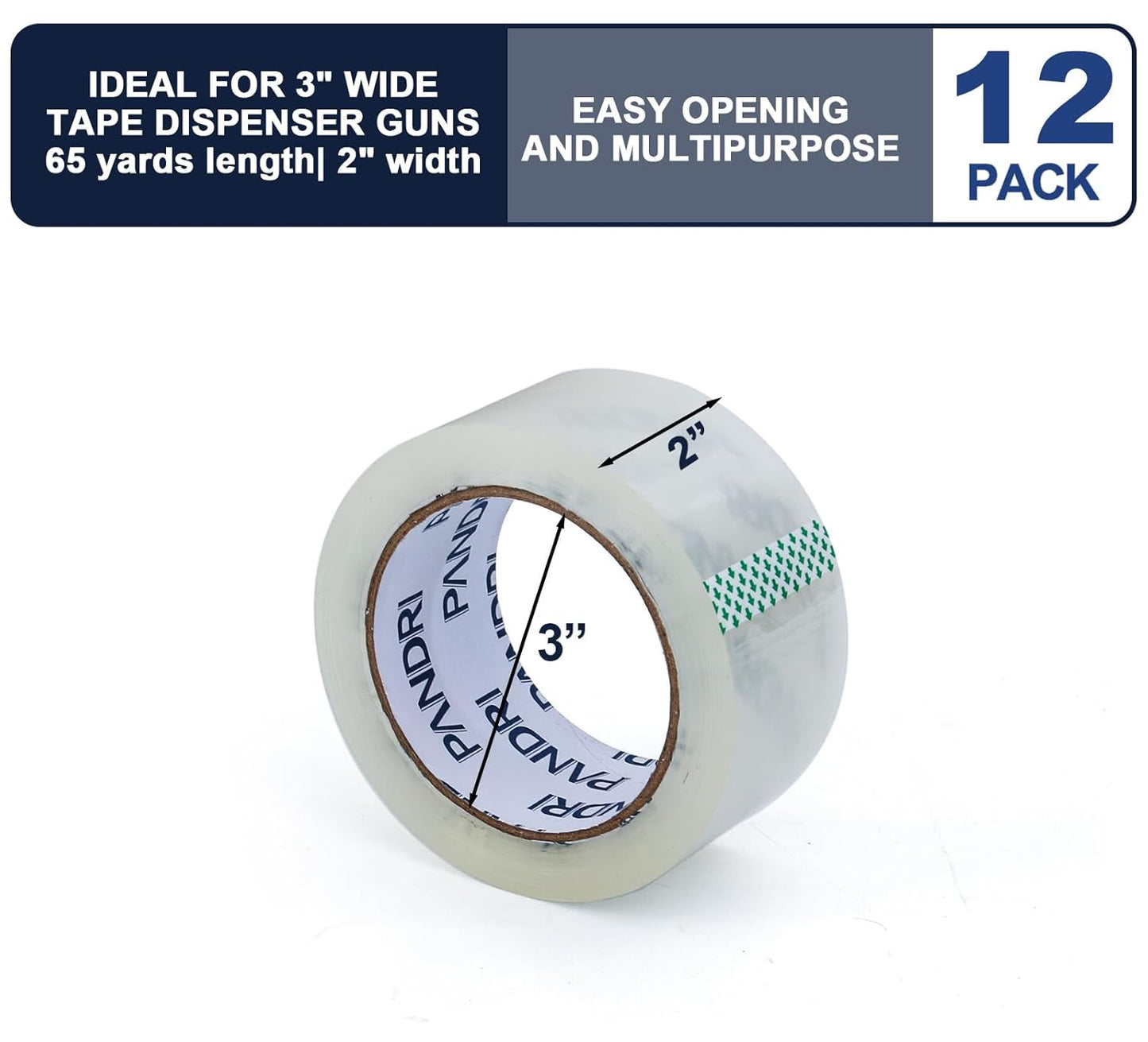 PANDRI Packing Tape, 12 Rolls Heavy Duty Clear Packaging Tape for Shipping Packaging Moving Sealing, 2 inches Wide, 65 Yards Per Roll, Total 780 Yards