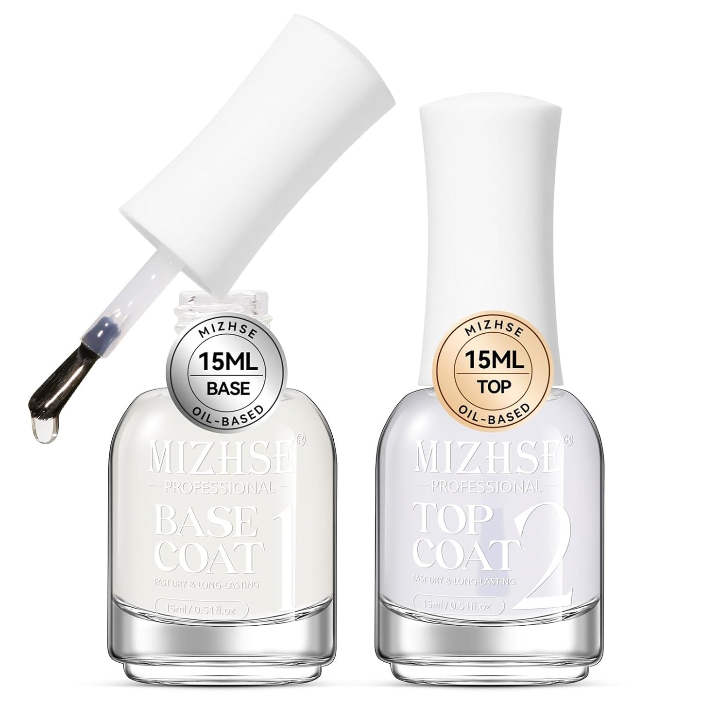 MIZHSE Base and Top Coat Nail Polish Quick Dry, 15 ml 0.5 fl oz Basic Nail Polish Non Gel Air Dry Fast, Protective High-Glossy Shiny Clear Long Lasting Nail Art Manicure at Home