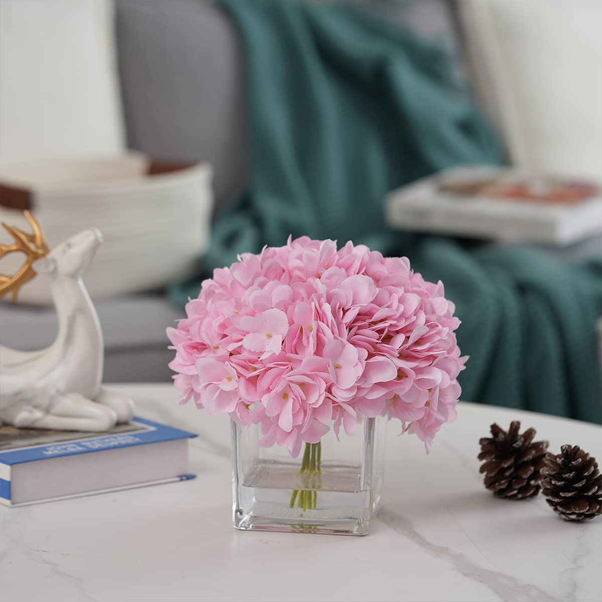 rubystory Silk Pink Hydrangea Artificial Flowers in Vase with Faux Water, Silk Flower Arrangements in Vase for Home Decor, Wedding Table (Pink)