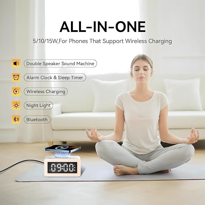 Dual Speaker White Noise Sound Machine, Wireless Charging Alarm Clock for Sleeping with 5.3 Bluetooth, Soothing Music, Dimmable Night Light, Sleep Timer, Ideal for Bedroom, Baby & Adults
