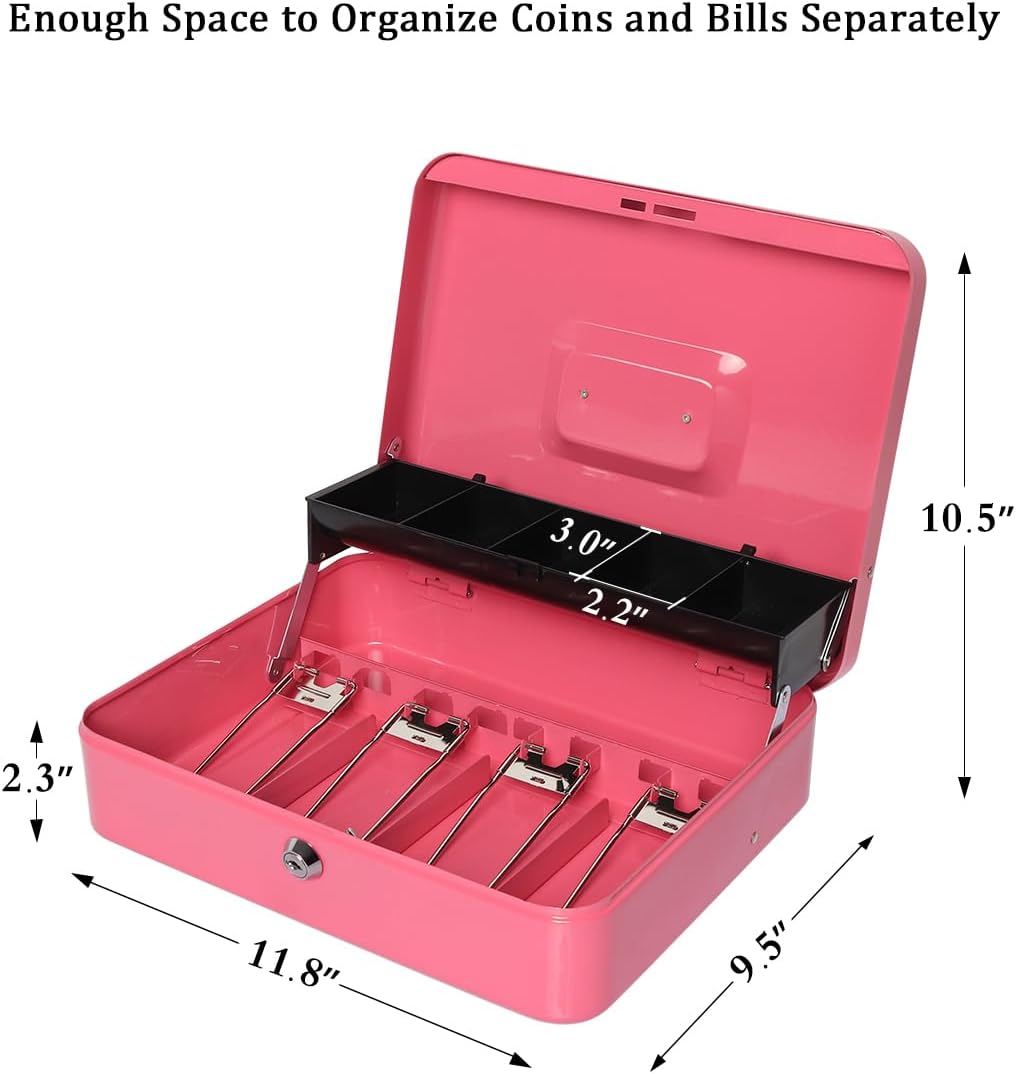 Jssmst Cash Box with Money Tray and Lock - Pink Cash Box with Key Lock Safe Money Box Large, Locking Register Drawer for Money, 11.8'' x 9.5'' x 3.5'', SM-CB005PK