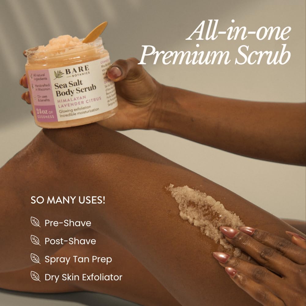 Bare Botanics Lavender Tea Tree Body Scrub 24oz | Made in Madison, WI | All Natural Sea Salt Exfoliator w/ Skin Loving Moisturizers | Vegan & Cruelty Free | Gift Ready Packaging w/ a Cute Wooden Spoon