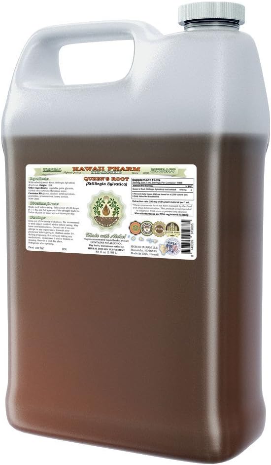 Queen's Root Alcohol-Free Liquid Extract, Queen's Root (Stillingia Sylvatica) Dried Root Glycerite Natural Herbal Supplement, Hawaii Pharm, USA 64 fl.oz