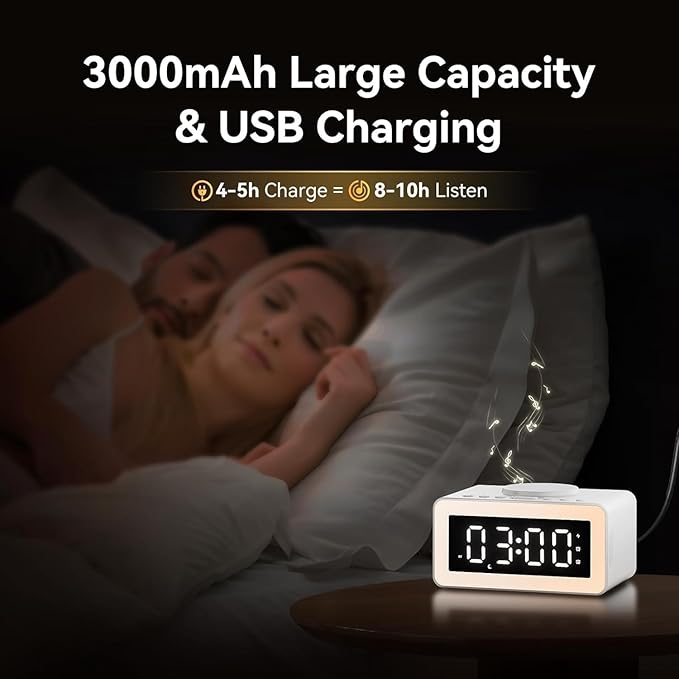 Dual Speaker White Noise Sound Machine, Wireless Charging Alarm Clock for Sleeping with 5.3 Bluetooth, Soothing Music, Dimmable Night Light, Sleep Timer, Ideal for Bedroom, Baby & Adults