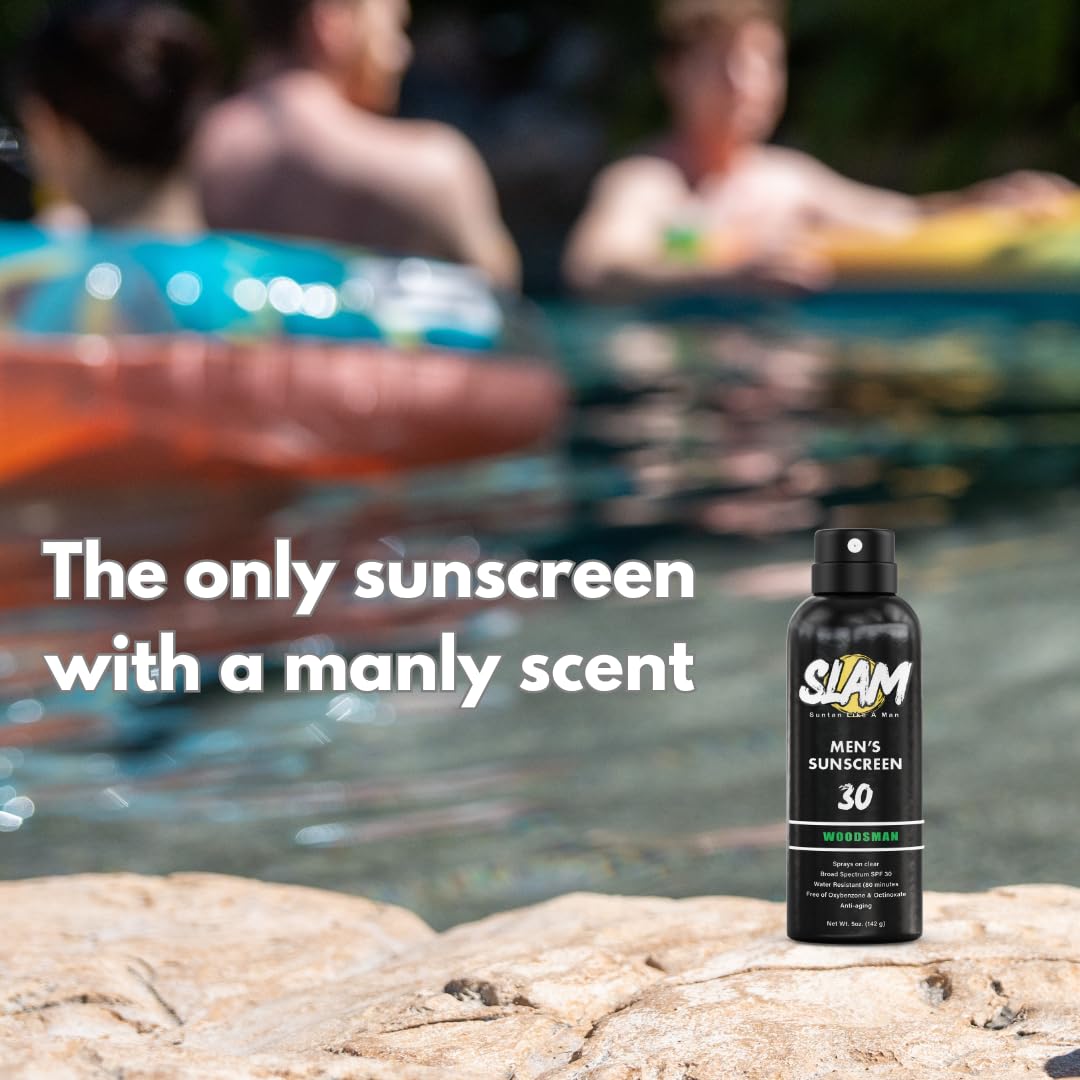 SLAM WoodsMan Men's Scented Sunscreen Spray SPF 30 – Broad Spectrum Sun Screen Spray for Face & Body, Water Resistant & Sweat Resistant Sunscreen, UVA/UVB Protection, Sunblock for Men