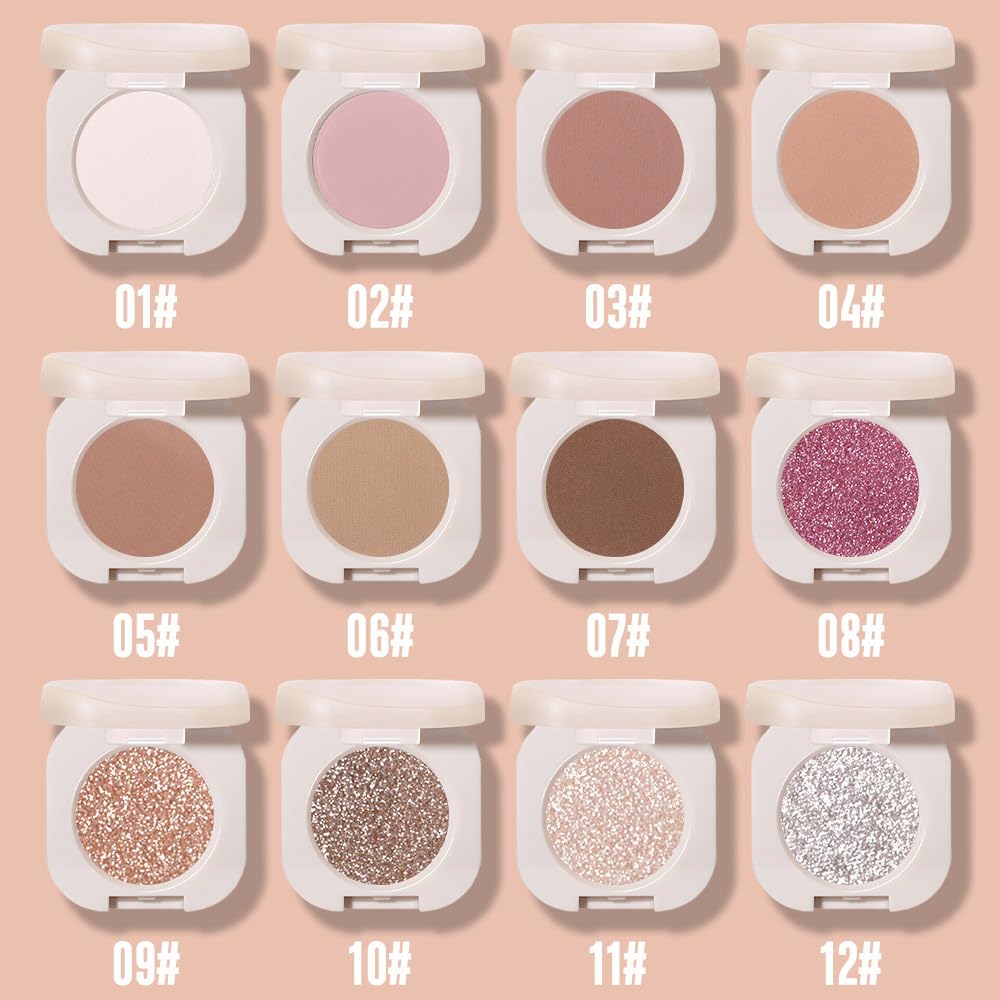 Monochrome Glittler Shimmer Eyeshadow Palette,Light Brown White Shimmer Powder Eyeshadow,24 Hour Waterproof Blendable Pressed Glitter Single Eye Shadow Apply Makeup Easily, Vegan