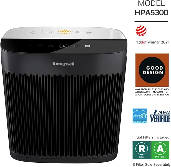 Honeywell InSight Series HEPA Air Purifier for Home, Extra-Large Rooms, includes Air Quality Monitor, Reduces Allergens, Smoke, Wildfire Smoke, Dust, Pollen, Pet Dander and More, Black, HPA5300B
