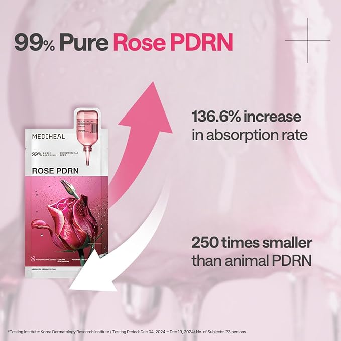 Mediheal Rose PDRN Essential Sheet Mask 4 pcs. 99% Pure White Rose PDRN & Hyaluronic Acid for hydrating, firming, and enhancing moisture barrier, skin firmness, and glow. Vegan formula