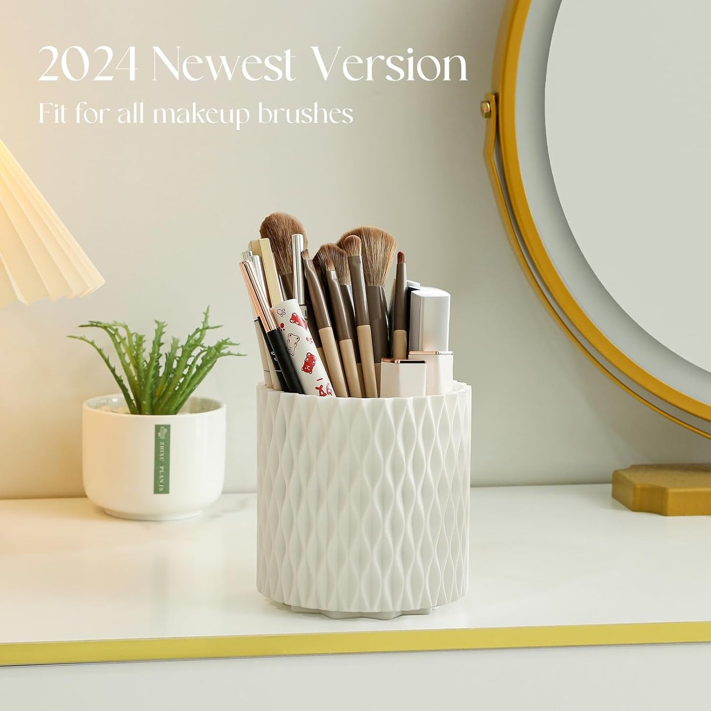 Makeup Brush Holder Organizer - 360° Rotating Makeup Brush Organizer 5 Slot Make up Brushes Cup for Cosmetics, Lipsticks, Bathroom Vanity Desktop Storage (White)