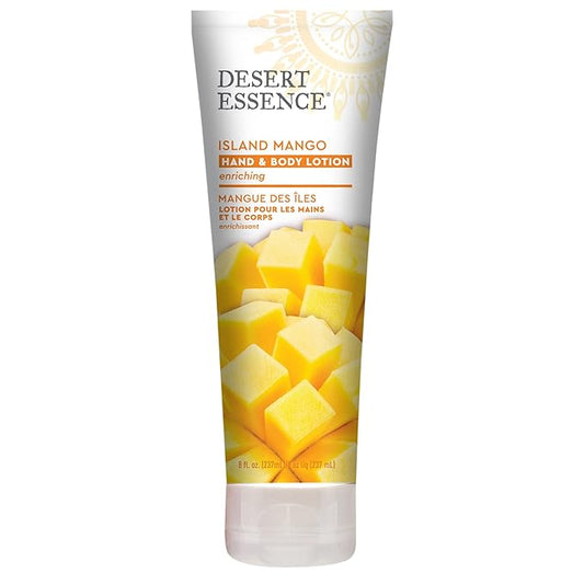 Desert Essence, Island Mango Hand & Body Lotion 8 fl. oz. - Gluten Free - Vegan - Cruelty Free - Mango Seed Butter, Passion Flower & Organic Shea Butter - Luscious & Rich - Tropical Island Scent