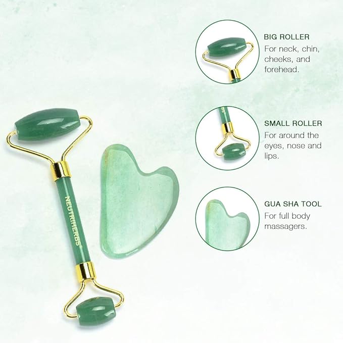 NEUTRIHERBS Jade Gua Sha & Face Roller & Vitamin C Serum Facial Tool Set(3 in 1 Kit), Home Face Massager for Wrinkle,Fine Line,Puffiness,Firm Smooth Relax Skin -- Green