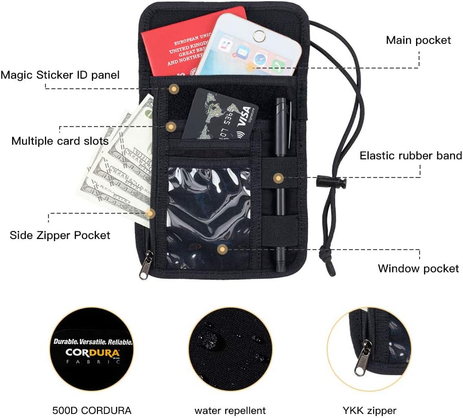 EXCELLENT ELITE SPANKER Passport Holder Nylon Neck Pouch RFID Blocking Travel Neck Wallet ID Card Organizer Pouch with Neck Lanyard(Black)