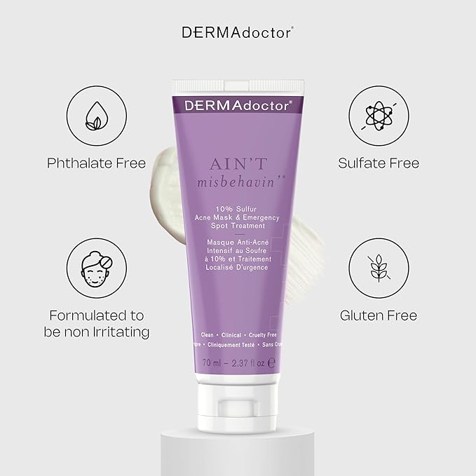 DERMAdoctor Sulfur Acne Treatment - Clay Mask & Acne Spot Treatment | Face Mask Blackhead Remover - Bentonite Clay Detox | Non-Irritating Non-Drying Calming & Soothing with Natural Exfoliants - 2.3 Oz