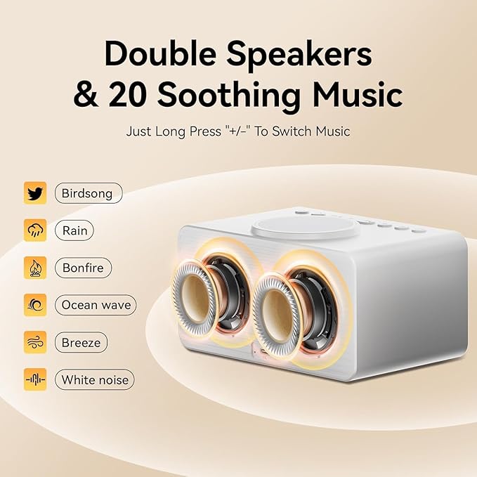 Dual Speaker White Noise Sound Machine, Wireless Charging Alarm Clock for Sleeping with 5.3 Bluetooth, Soothing Music, Dimmable Night Light, Sleep Timer, Ideal for Bedroom, Baby & Adults