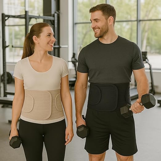 ORTONYX Ergonomic Abdominal Binder Waist and Lower Back Support Belt, Back Brace for Women & Men - Breathable, Elastic, With Extra Band - Beige L/XL
