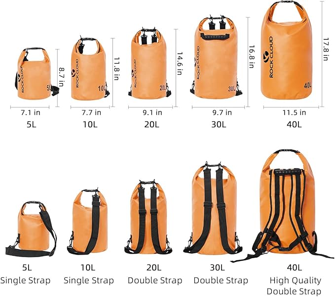 ROCK CLOUD Dry Bag Waterproof 5L Dry Sack for Kayaking Rafting Boating Beach Surfing Swimming Canoe Camping Hiking Fishing Ski, Orange