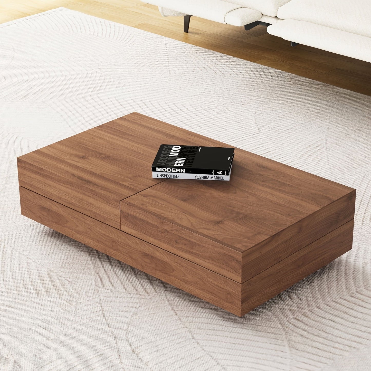 Mid-Century Modern Expandable Coffee Table with Large Storage, Centerpiece for Living Room, Walnut