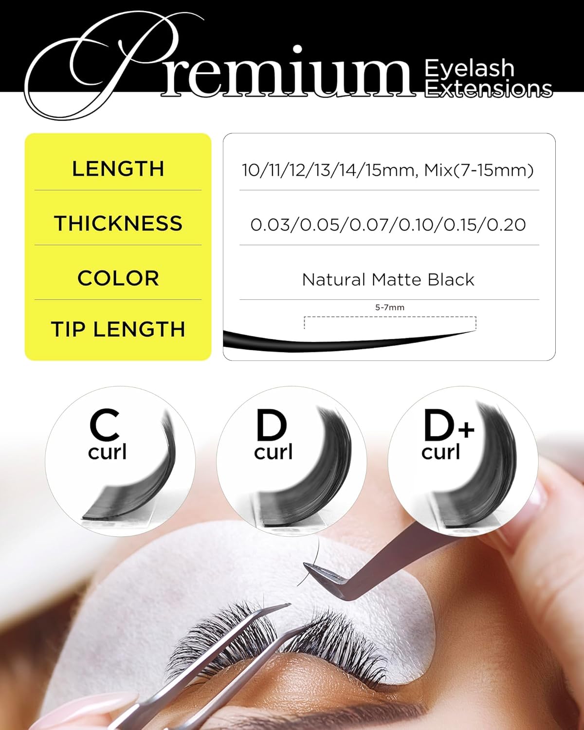 BEYELIAN Eyelash Extension 0.05 D+ Curl 10mm Tray Easy Fan Lash Extensions Volume Lashes 100°/212°F High Temperature Resistant Classic Professional Use Natural Matte Black (0.05 D+ 10mm)