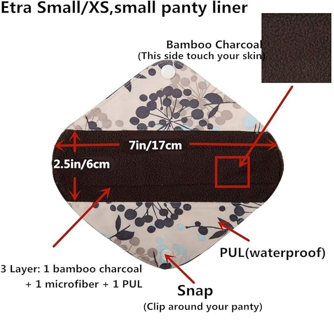 5 Cloth Menstrual Pads 1 Wet Bag XS Panty Liners Reusable Washable (Silver Foliage, XS Panty Liners)