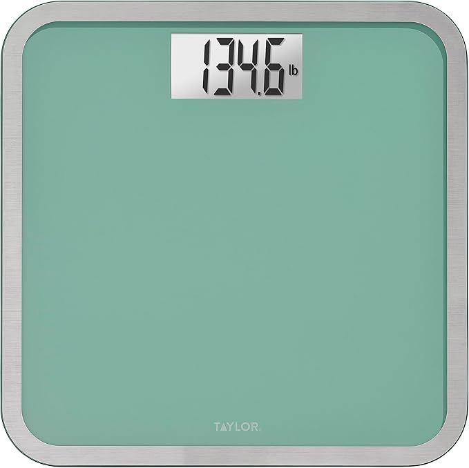 Taylor Digital Glass Bathroom Scale for Body Weight, Large Durable Platform, Extra High 500 lb Capacity, Large 3.5"x1.7" White Backlit Display, Sea Foam Green