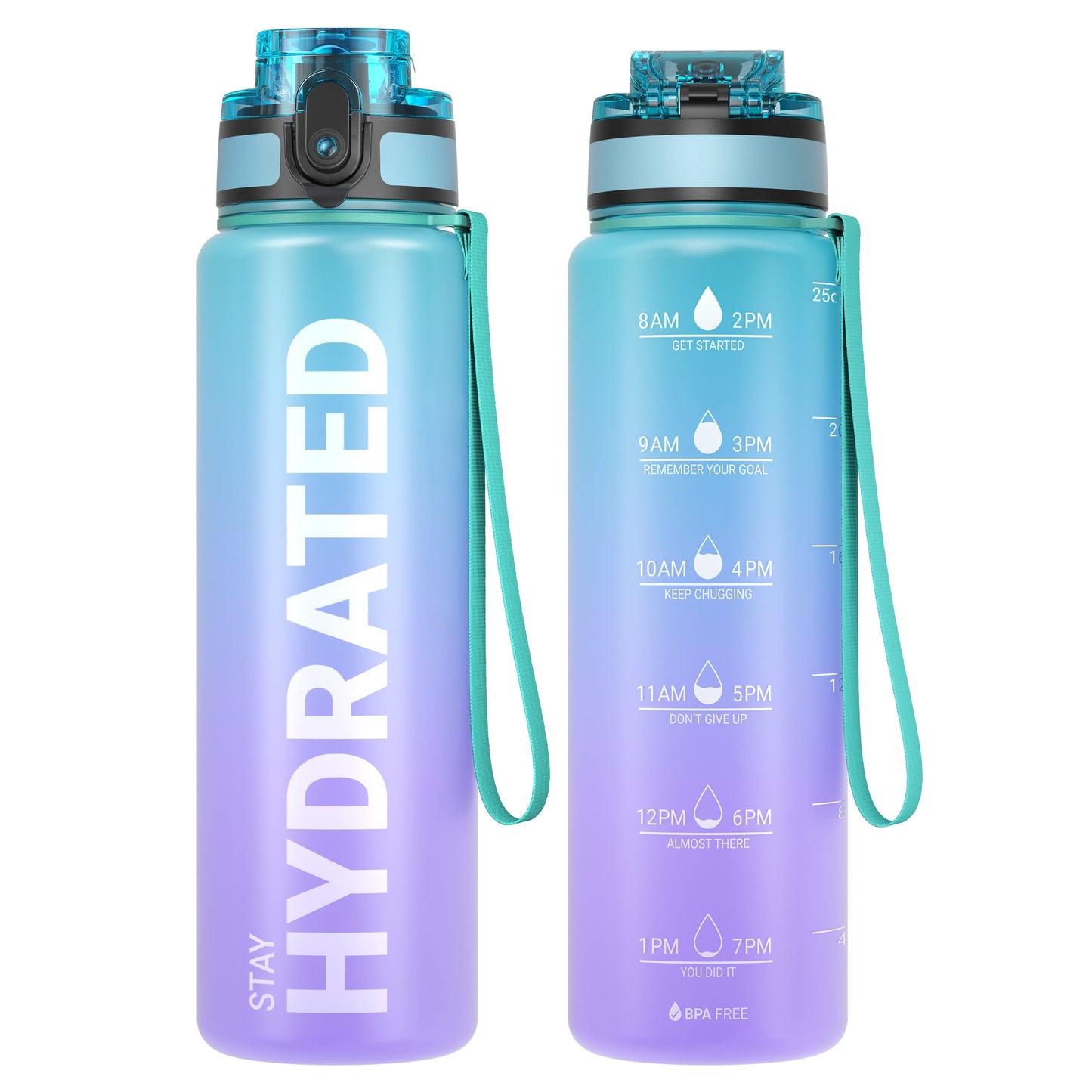 Sahara Sailor Water Bottles, 25oz Motivational Sports Water Bottle with Time Marker - Times to Drink - Tritan, BPA Free, Wide Mouth Leakproof, Fast Flow Technology with Clean Brush (1 Bottle)