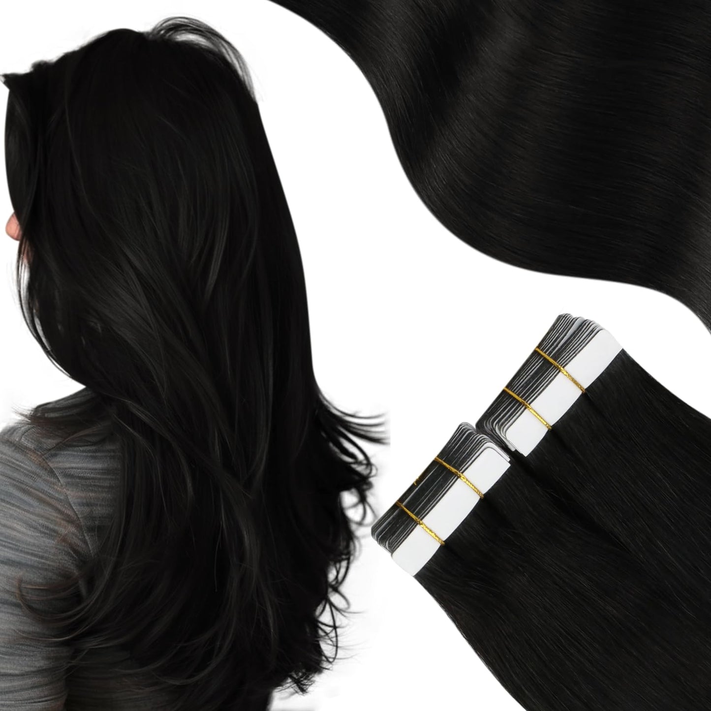 Moresoo Black Tape in Hair Extensions Human Hair Natural Black Human Hair Extensions Tape in Real Human Hair Invisible Tape in Human Hair Extensions 14 Inch #1B 20pcs 40g