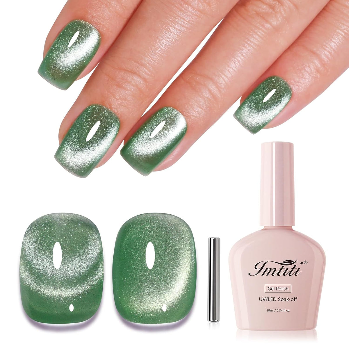 Imtiti Cat Eye Gel Nail Polish, Spring Green Holographic Magnetic Crystal Nail Gel Polish With Magnet Glittery Galaxy Spring Summer Kit Soak Off UV Led 10ML