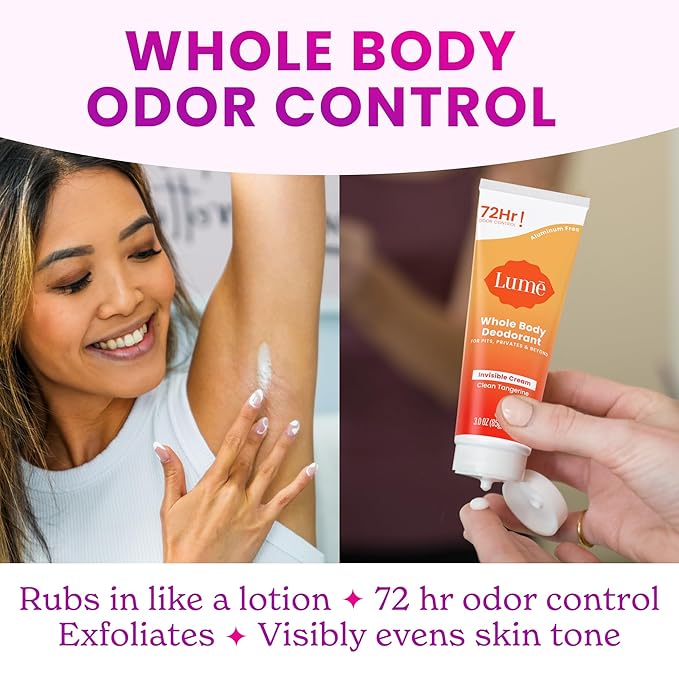 Lume Whole Body Deodorant - Invisible Cream Tube and Solid Stick - 72 Hour Odor Control - Aluminum Free, Baking Soda Free, Skin Safe - 3.0 Ounce Tube and 2.6 Ounce Solid Stick Bundle (Clean Tangerine)