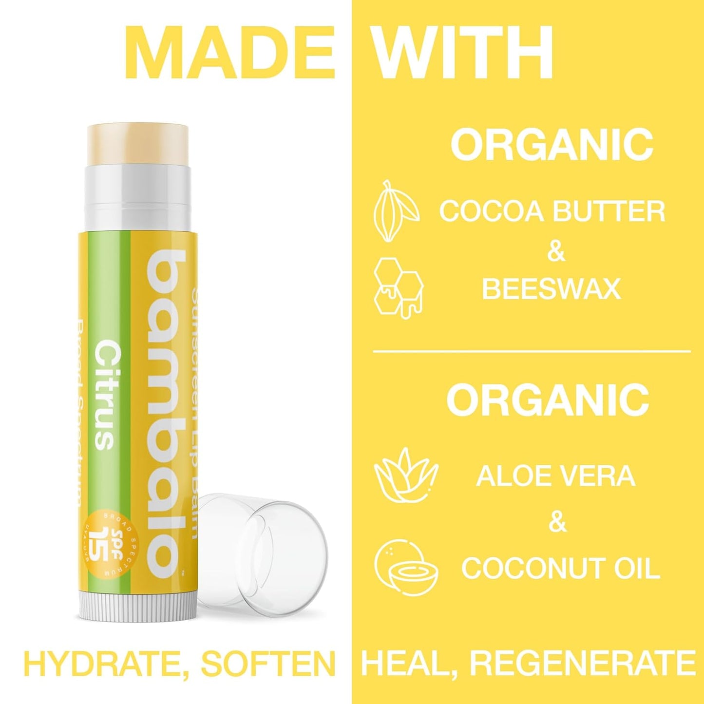 4-Pack Citrus SPF 15 Lip Balm - Organic Ingredients, Broad Spectrum UVA/UVB Protection - Hydrating & Moisturizing, USA Made