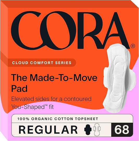 Cora Made-to-Move Regular Pads with Wings, Organic Cotton Topsheet Ultra Thin Feminine Care Pads for Women, Soft, Comfortable & Breathable Menstrual Pad, Regular Absorbency, Unscented, 68 Count
