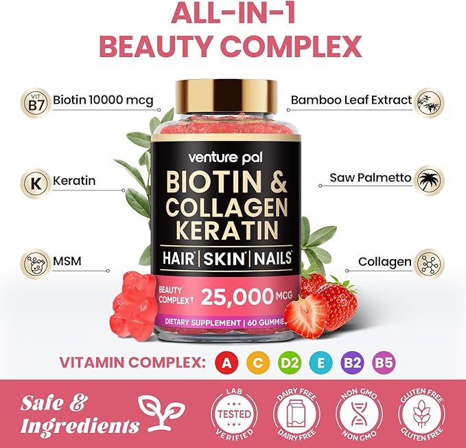 Venture Pal Vitamin D3 10000 IU Plus K2 (MK-7) 200 mcg Liquid Drops & Biotin Gummies with Collagen & Keratin - Hair Growth