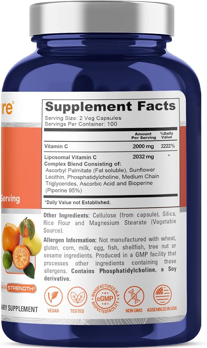 NusaPure Liposomal Vitamin C 2032mg - 200 Veggie Vegan Capsules, BioPerine - High Absorption Ascorbic Acid