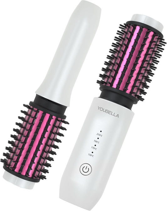 Cordless Hair Curling Iron Brush, Mini Travel Hot Straightener Comb, 3-in-1 Portable Wave Curling Wand, 1.5″ Ionic Heated Brush, USB Rechargeable Hair Curler, White – No Automatic Rotation