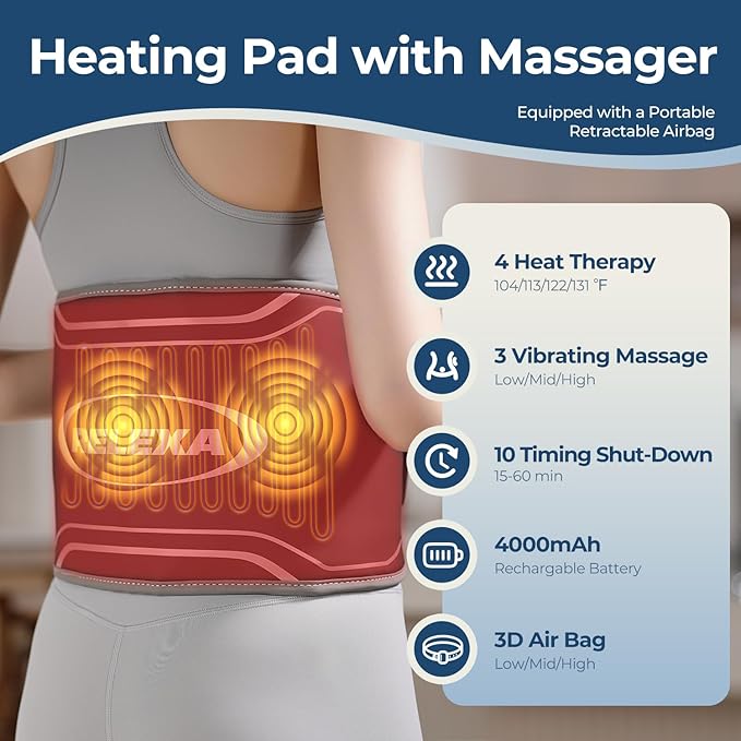 Heating pad for Back Pain Relief, 60” Large Portable Lower Back Massager with 3 Vibration and 4 Heat, Heated Back Brace Gifts for Family Men Women