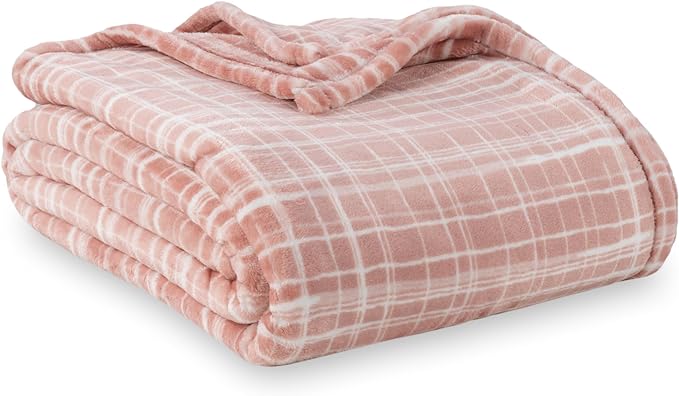 Berkshire Blanket-Classic Heavyweight Warm Soft Printed VelvetLoft® Plush Blanket, King Size Soft Fuzzy Blanket for Couch Sofa Bed, Watercolor Plaid Blush, 90in x 108in