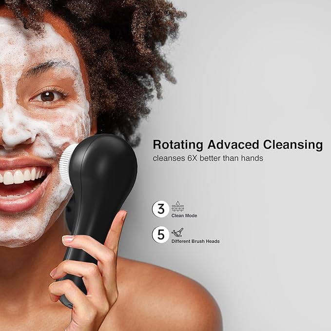 Face Scrubber Exfoliator,Facial Cleansing Brushes Rechargeable IPX7 Waterproof with 5 Brush Heads,Electric Face Spin Brush for Exfoliating, Massaging and Deep Cleansing (Black+Gold)